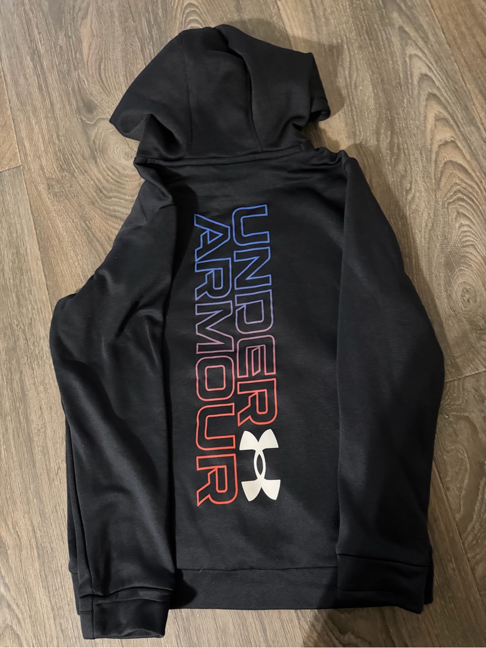 Under Armour Black Hoodie with Blue-to-Red Gradient Logo